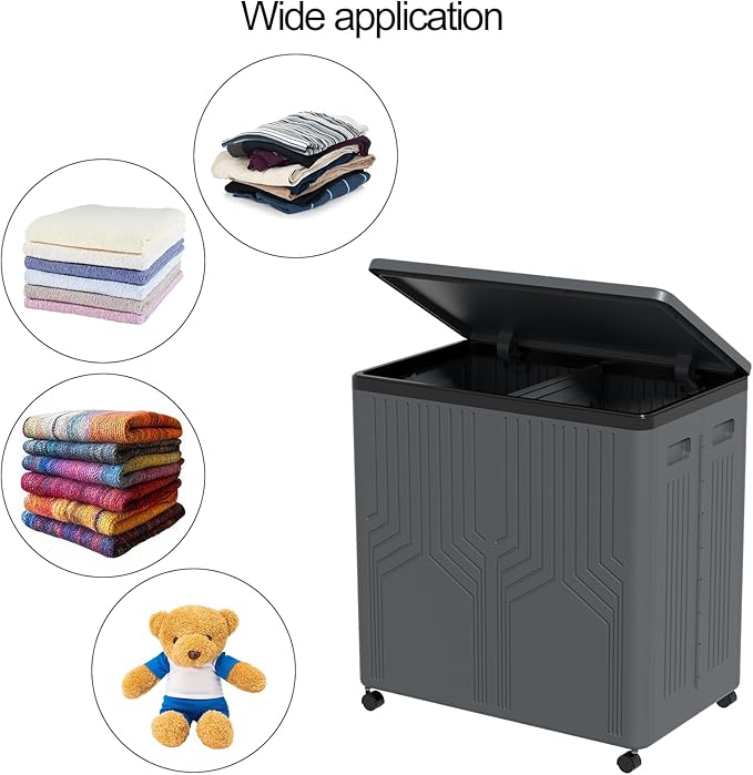 130 L Large 2 Section Laundry Hamper, Plastic Rolling Laundry Basket with Wheels, Grey