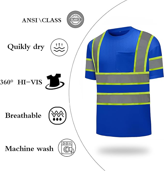High Visibility Shirts Quick Dry Safety T Shirts with Reflective Strips and Pocket Short Sleeve Mesh Hi Vis Construction Work Class 2 Shirt for Men/Women Blue,Medium