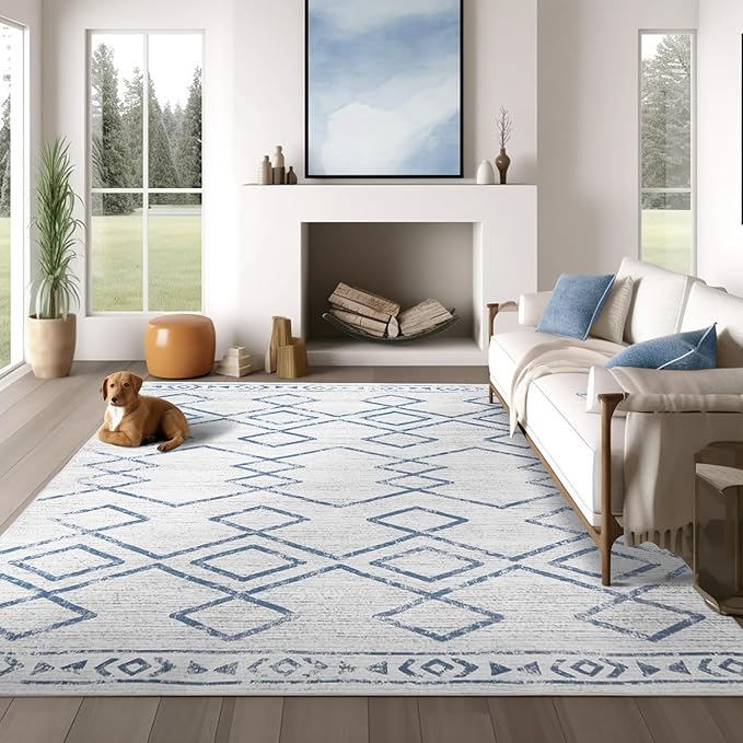 jinchan Moroccan 6x9 Area Rugs for Living Room - Machine Washable Soft Modern Geometric Stain Resistant Ultra-Thin Low-Pile Large Rug Non-Slip Carpet for Bedroom Kitchen Dining Room (6x9ft, Blue)