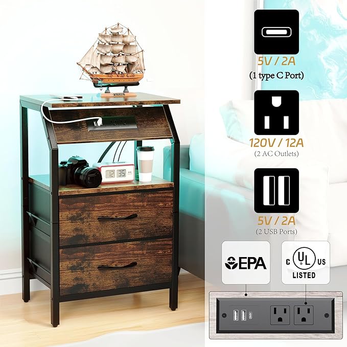 End Table with LED Lights, Nightstand with 2 Drawers and Type C Charging Station, Small Fabric Dresser for Bedside, Storage Side Table for Living Room Dorm, Rustic Brown