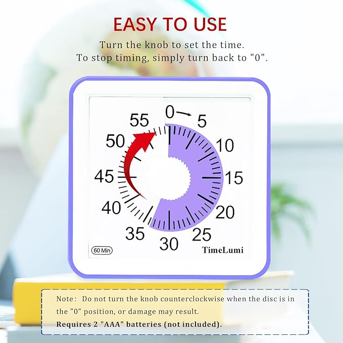 60-Minute Visual Timer for Kids, Time Management Tool Study Classroom Timer, Home Edition Silent Countdown Timer for Toddler, Teachers and Adults (Purple)