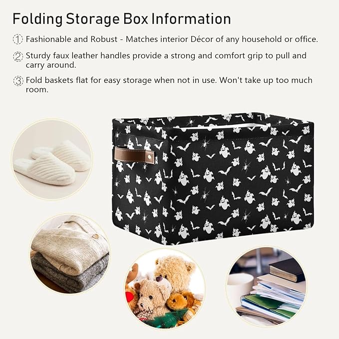 Storage Basket Bin Halloween Ghost and Bat Organizer Basket Collapsible Shelf Basket Cube with handle for Nursery Bedroom Bathroom
