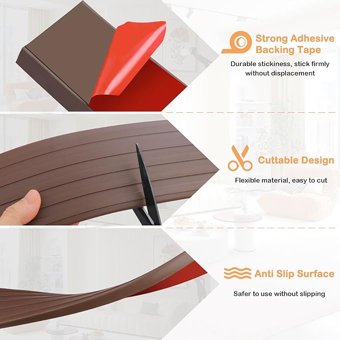 Threshold Ramps for Doorways Self-Adhesive Rubber Ramps for Door Threshold Rubber Door Threshold Ramp for Wheelchair Stroller Scooter Reducer Ramp (Brown, 2” Wide x 6.6' Long)