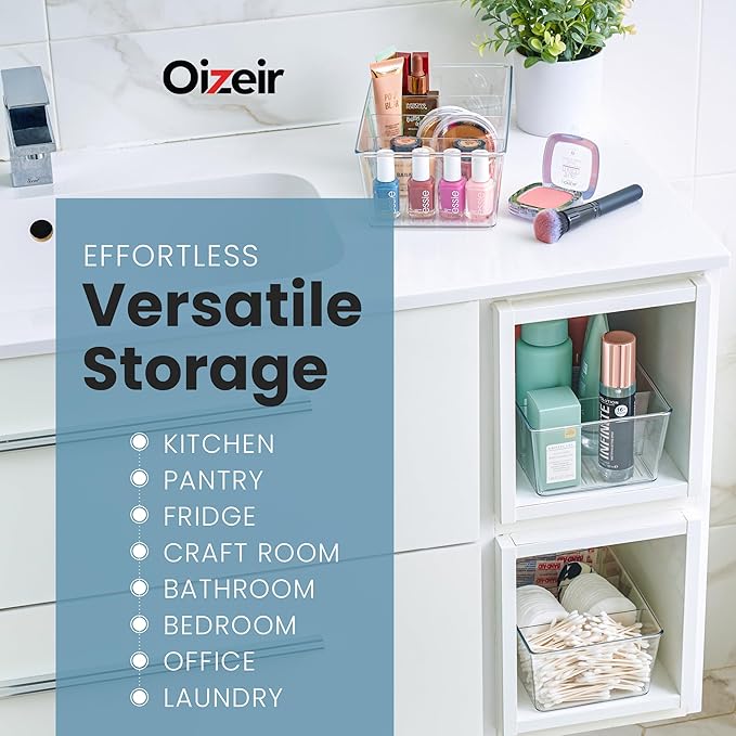 Oizeir Clear Pantry Organizer Bins (4PK) - Fridge Organizer with 3 Removable Dividers - Kitchen Pantry Organizers & Storage - Storage Cabinet Snack