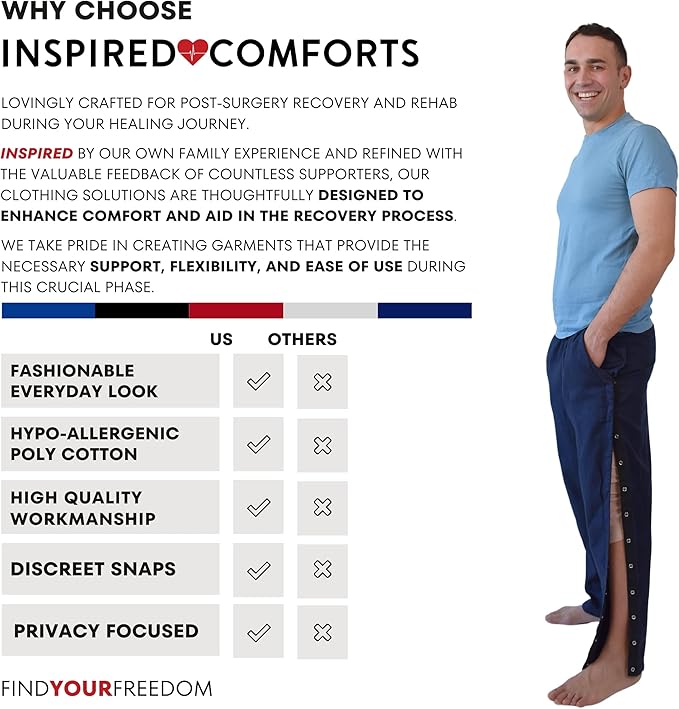 Inspired Comforts Unisex Tearaway Post Surgery Recovery Pajama Pants with Side Snaps & Pockets
