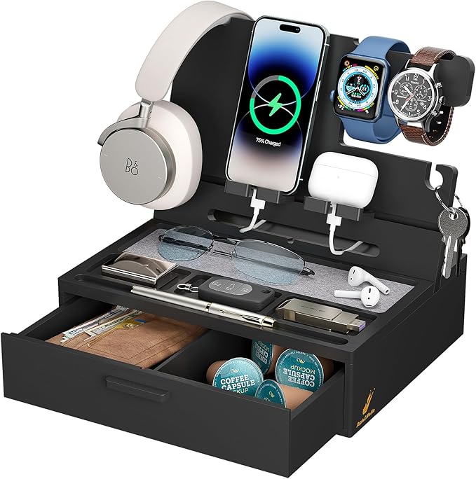 Pezin & Hulin Wooden Charging Station, Bedside Nightstand Tray, with Spacious Drawer, Felt Pads for Phones, Watch, Idea Gifts for Him Birthday, Son, Christmas for Papa Fathers Day