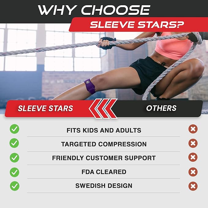 Sleeve Stars Swedish Brand Patellar Tendon Support Strap for Women & Men Effective Osgood Schlatter Knee Brace Youth & Kids Knee Brace with 3 Adjustable Length fits 12"-24" (Single/Dark Purple/Adult)