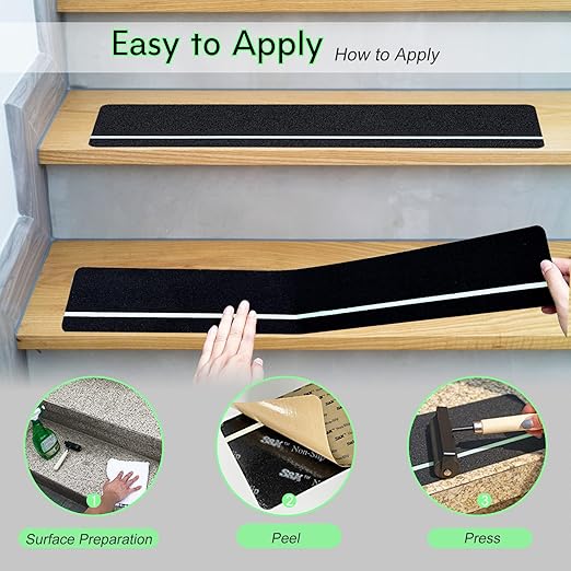 S&X Outdoor Stair Treads Non-Slip 25-Pack 6" x 24" with Glow-in-The-Dark Stripe Heavy Duty Anti Slip Tape for All Slippery Surfaces - Weather Resistant Grip Tape for Stairs, Steps