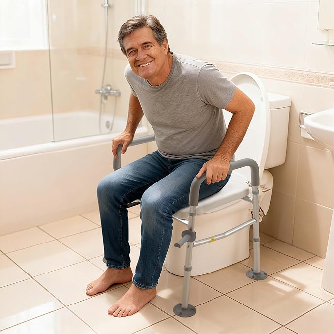 AW Raised Toilet Seat Riser Adjustable Height 16" to 21" Padded Bedside Commode Bedpan with Handles Aluminum 375 Lbs Capacity Fit Any Toilet for Elderly Seniors Disabled Handicapped
