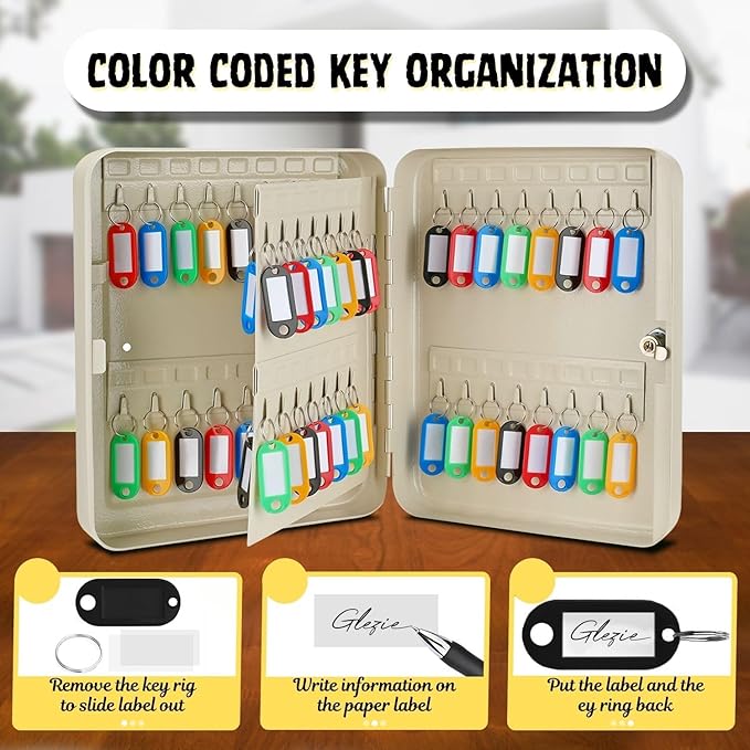 Flexzion Key Box Wall Mount with Code, Key Cabinet with 60 Key Holder Organizer Locker Case, Colored Key Tags & Hooks Wall Mounted Lock Box for Keys Storage, Homes, Property, Hotels, Business (Gray)