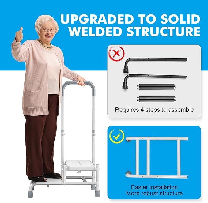 FORTEMOTUS 2 Step Stool with Handle for Elderly - Heavy Duty Bed Steps for High Beds for Adults with Adjustable Handrail &Non-Skid Platform, Foot Stool Ladder for Bedside, Kitchen, Car, RV, Bathtub