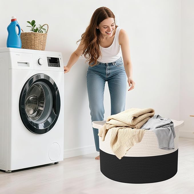 Large Storage Basket with Handle,19.7" L x 19.7" W x 13" H Blanket Basket Storage Bins for Organizing,65L Cotton Rope Woven Baskets for Living Room, Nursery ,Bedroom,White&Black