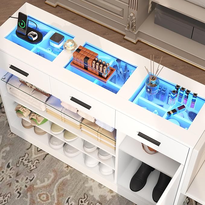 Wardrobe Armoire Closet with Charging & LED Light,Walk-in Closet Island Dresser with Glass Showcase,3 Drawers & Doors, Modern Storage Display Cabinet with Bench for Bedroom,Fitting Room & Shops（White）