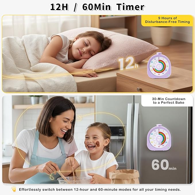Visual Timer – Rainbow Magnetic Timer for Classroom, 60min/12h Rechargeable Countdown Timers, Silent Pomodoro Timers for Kids & Adults with ADHD