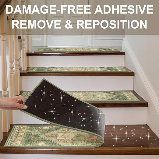 Non Slip Stair Treads for Wooden Steps Indoor, Light Green, 15pcs, 30"X8", Soft Carpet Mat, Machine Washable Boho Carpet Treads with Reusable Adhesive Backing, Safety Stair Tread for Dog, Kid, Elder