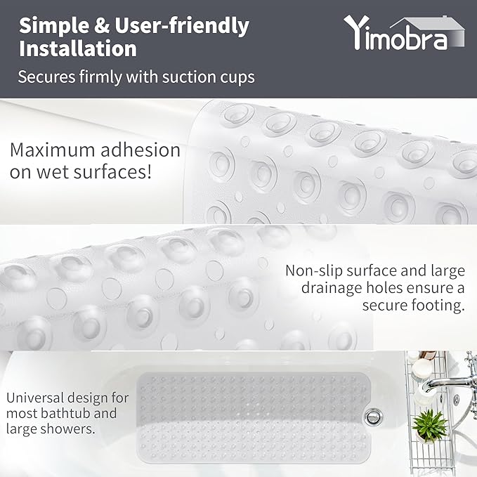 Yimobra Non Slip Bathtub Mat 40 x 16 Inch, Extra Long Shower Mat with Drain Holes, Machine Washable Baby Bath Mats, Strong Suction Cups for Bathroom Floor, Clear