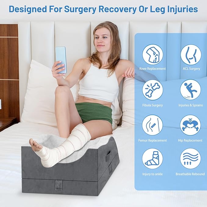 Double Leg Elevation Pillows, Wedge Pillow for After Surgery, Memory Foam Support Adjustable, Comfort Care for Back Knee Hip Ankles Pain, Knee Pillow for Sleeping Blood Circulation Dark Grey & White