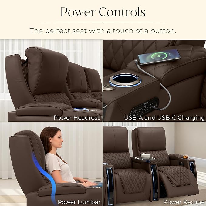 Seatcraft Apex Home Theater Seating, Living Room, Powered Headrest, Powered Lumbar, Powered Recline, Italian Leather, USB Charging, Row of 4 Middle Loveseat, Brown