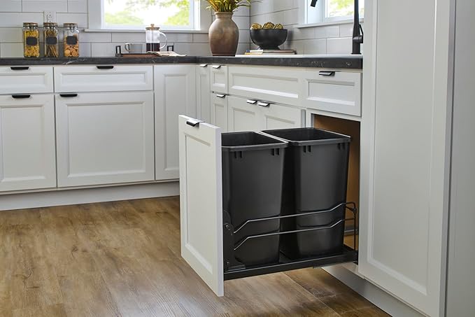 Rev-A-Shelf Double Pullout Trash Can for Under Kitchen Cabinets 35 Qt. 8.75 Gallon w/Soft-Close Slides for 18” Base Cabinets Black, 53WC-1835SCDM-218
