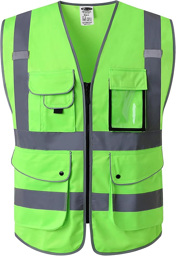 JKSafety 9 Pockets Class 2 High Visibility Zipper Front Safety Vest With Reflective Strips, Meets ANSI/ISEA Standards (X-Large, 150-Green)