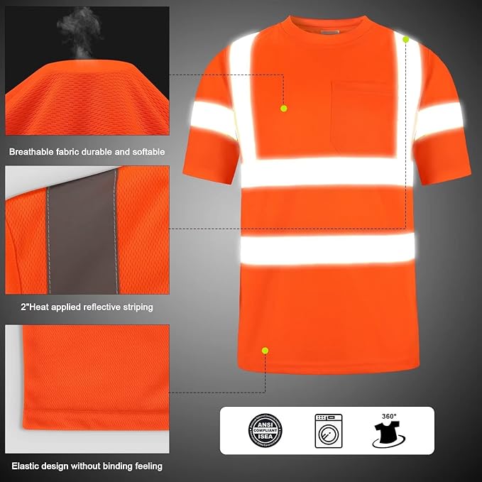 High Visibility Class 3 T Shirts，Hi Vis Safety Shirts with Reflective Strips and Pocket, Short Sleeve Quick Dry Mesh Construction Work Shirt for Men/Women Orange,2XL