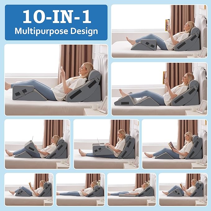 5Pcs Orthopedic Bed Wedge Pillow Set for After Surgery, Adjustable Wedge Pillow for Acid Reflux Relief, Bed Wedge Pillow Post Surgery, Memory Foam Wedge Pillows for Sleeping, Grey