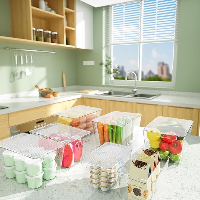 BALEINE Clear Stackable Storage Bins with Lids, Plastic Containers with Handle for Pantry Organizers and Storage, Plastic Bins for Fridge, Kitchen, Bathroom, Cabinet (13x7.4x7, 4PK)