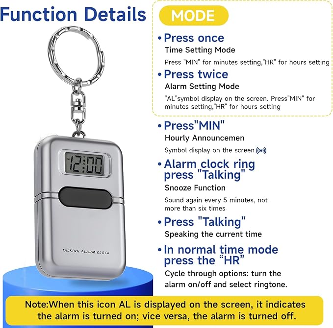 Talking Clock for The Blind and Visually Impaired - Easy-Use Talking Alarm Clock for Blind Elderly with Voice Announcement, LCD Display, Keychain & Portable Design