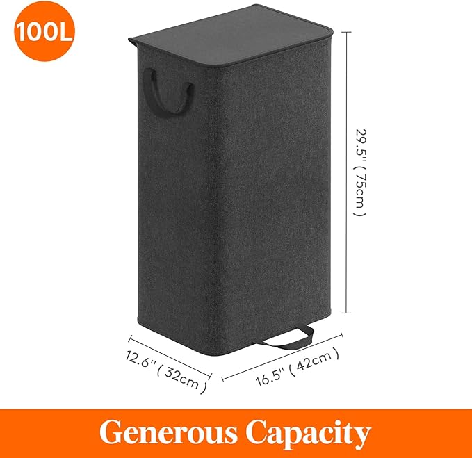 Lifewit Laundry Hamper with Lid and Removable Laundry Bag, Large Collapsible 1 Divider Dirty Clothes Basket with Handles for Bedroom, Laundry Room, Closet, Bathroom, College, 100L Black