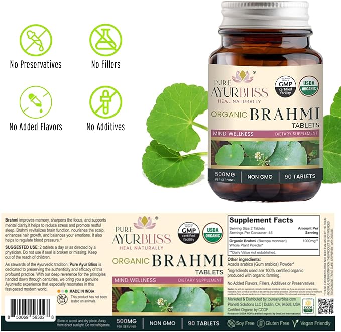 100% Organic Brahmi Tablets with Bacopa monnieri Extract, Ayurvedic Cognitive Support for Memory, Focus, and Mental Clarity, Herbal Brain Health Formula - 90 Count