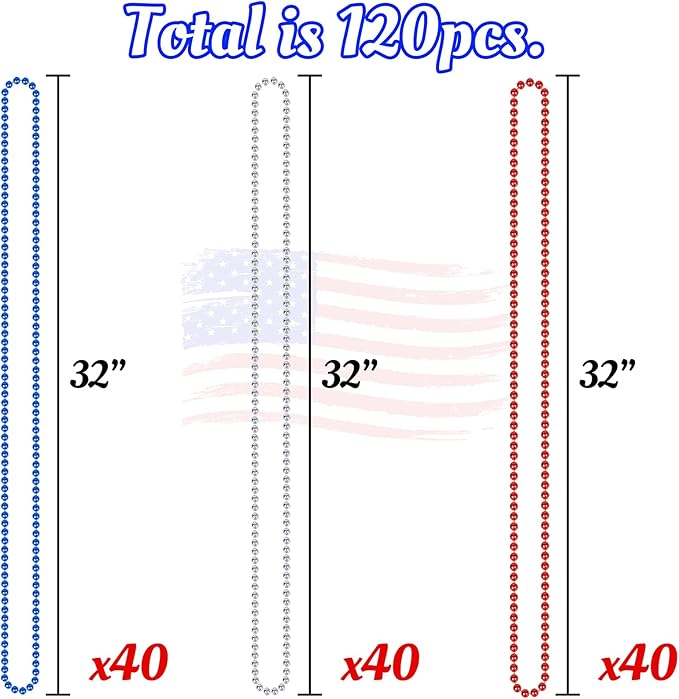 Moon Boat 4th of July Accessories Necklaces: Blue White and Red Beads Bulk, Patriotic Party Independence Memorial Day Favors Toys Decorations, 120 Pieces