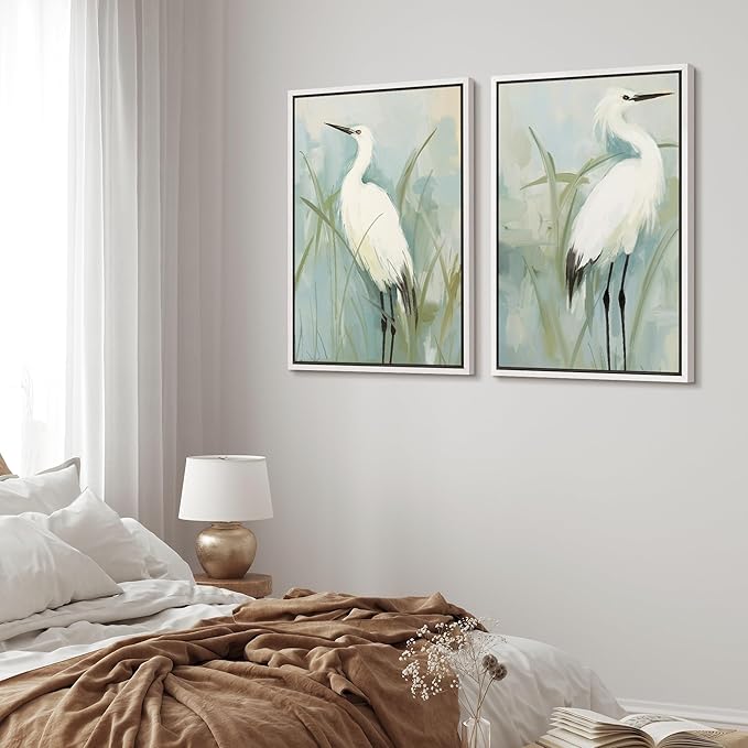 MUDECOR Framed Canvas Print Wall Art White Heron Pair in Marsh Coastal Illustrations Modern Art Decorative Bohemian Colorful for Living Room, Bedroom, Office - 16"x24"x2 White