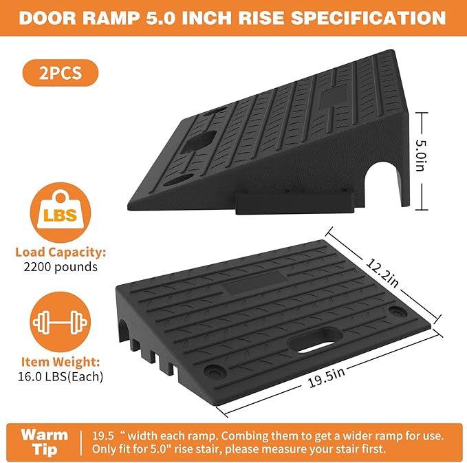 5.0" Rise Rubber Threshold ramp for Doorway/Cars, Step/Stair Rubber ramp with with Non-Slip Surface for wheelchairs/Curb/shed, 2200Pounds Load Capacity.