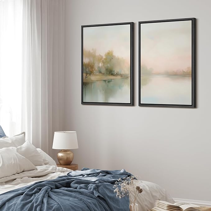 MUDECOR Framed Canvas Print Wall Art Tranquil Reflection Serene River Landscape Illustrations Modern Art Decorative Bohemian Chic for Living Room, Bedroom, Office - 24"x36"x2 Black