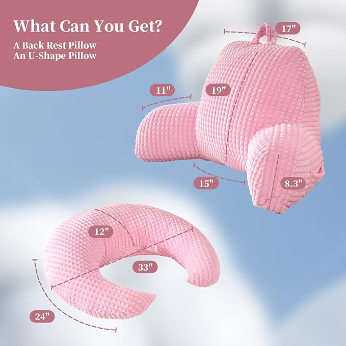 Reading Pillow for Bed,U Shaped & Back Support Pillow for Bed,19" Backrest with Lumbar & Arm Support,Comfy Flannel Fabric,Lap Pillow for Gaming/Reading/Watching TV,Pink