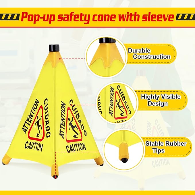 8 Pcs Pop up Wet Floor Sign with Storage Tube 20 Inch Wet Safety Signs Commercial Caution Safety Cone Pop up Caution Sign for Commercial Stores Grocery Restaurant Restroom Office Use