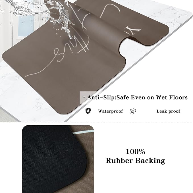 Bath Mat, Bathroom Mat Rugs Super Absorbent Shower Mats Non Slip Quick Dry Thin Rubber Mats for Bathroom Floor Fit Under Door, Shower Rug for Bathtub, Shower, Beige