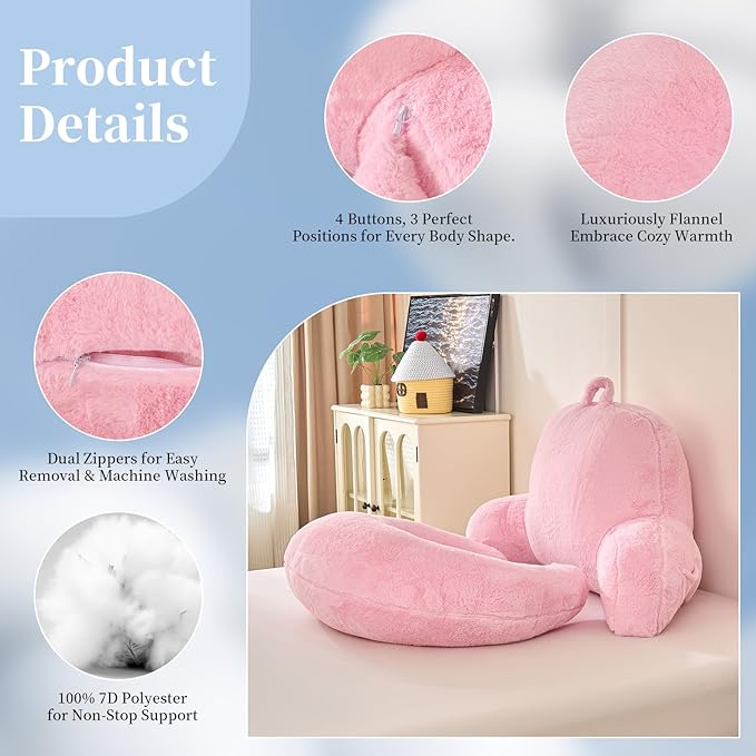 Reading Pillow for Bed,U Shaped & Back Support Pillow for Bed,19" Backrest with Lumbar & Arm Support,Luxurious Faux Rabbit Fur,Gaming PillowFor Crochet/Reading/Watching TV,Pink