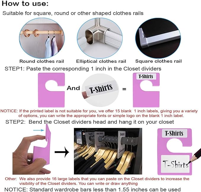 32 Pack White Clothing Rack Size Dividers Plus 75 Labels (1 Inch) and 30 Large Blank Labels, Large Rectangular Clothing Closet Dividers (Purple)