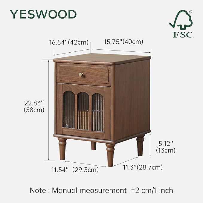 YESWOOD 100% Solid Wood Nightstand, Walnut Nightstands with Drawer, Mid Century Modern Night Stand, Wooden Night Stands with Glass Door, Small Bedside Tables for Bedroom(16.54" x 15.75" x 22.83"H)