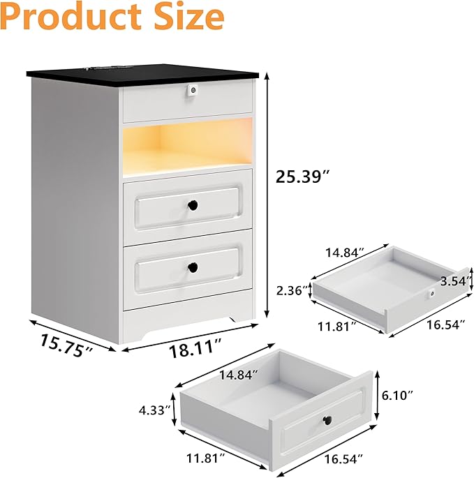 Night Stand Set 2 with Charging Station,Bedside Table with Gun Drawer,Farmhouse End Table and Nightstand,Small SideTable for Bedroom (White-with Gun Drawer, 2-Pcs)
