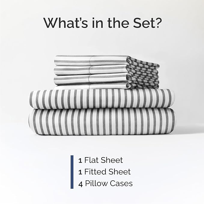 Queen 6 Piece Sheet Set - Cooling & Breathable Bed Sheets - Hotel Luxury Bed Sheets for Women, Men, Kids & Teens - Bedding w/Deep Pockets & Easy Fit - Soft & Wrinkle Free - Queen Grey Stripes Sheets