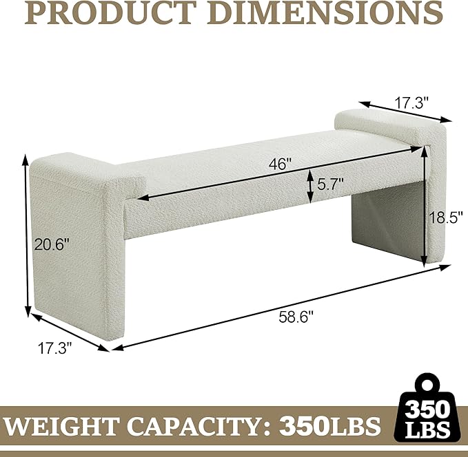 58.7" End of Bed Bench Upholstered Modern Bedroom Bench for Living Room & Entryway, Easy Assembly, Footrest Ottoman Accent Window Bench with Solid Wood Frame & Curved Arm, White
