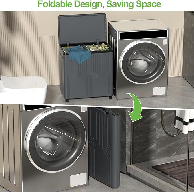 120 L Double Plastic Laundry Hamper with Wheels, Collapsible 2 Section Laundry Hamper with Lid, Grey