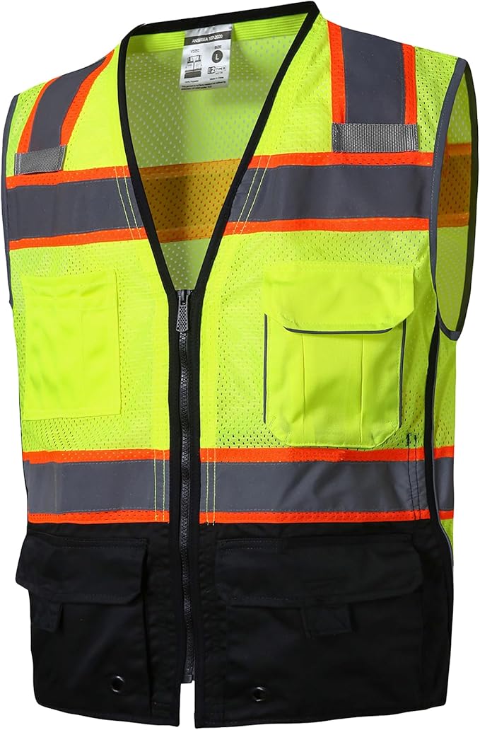 SKSAFETY Professional Safety Vest - Class 2 High Visibility with Reflective Strips, ANSI/ISEA Standard (Lime Black, L)