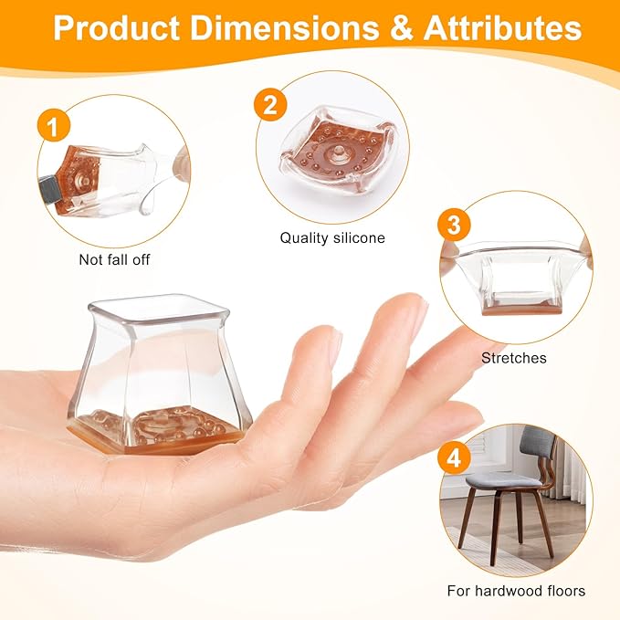 CHUNZEXI 36 Pack Square Chair Leg Floor Protectors for Hardwood Floors, Silicone Felt Covers Pads Caps, Protect Wood Furniture Feet Floors Noise Reduce and Scratch (Square Large & Clear)