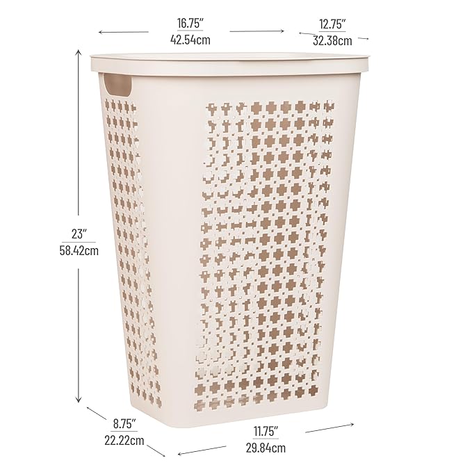 Mind Reader Slim Tapered Laundry Hamper with Lid, Clothes Basket with Swiss Cross Cut-Outs, Lightweight & Ventilated, Plastic, 16.75"L x 12.75"W x 23"H, Ivory