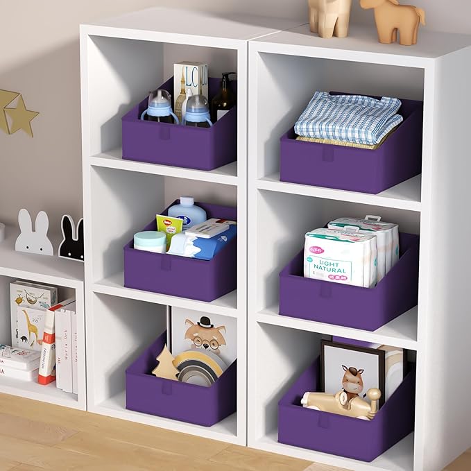 DIMJ Closet Storage Bins 6 Pack - Fabric Storage Baskets for Shelves, Collapsible Clothes Organizer, Trapezoid Shelf Organization Storage Cubes for Purse, Toys, Books, Towel, Clothes, Purple