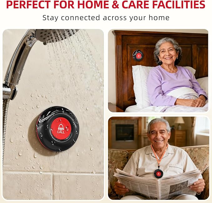 CallToU Wireless Caregiver Call Button Elderly Monitoring Alert Systems for Seniors 1 Plugin Receiver 2 Waterproof Transmitters