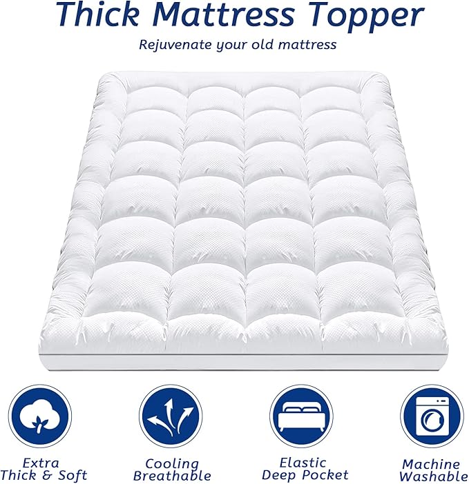 Full XL Size Mattress Topper for Back Pain, Cooling Extra Thick Mattress Pad Cover with 8-21 inch Deep Pocket, Plush Pillow Top Mattress Topper Overfilled with Down Alternative, Full Extra Long, White